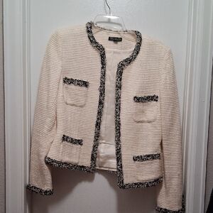 Tahari Cream Textured Blazer with Black Trim